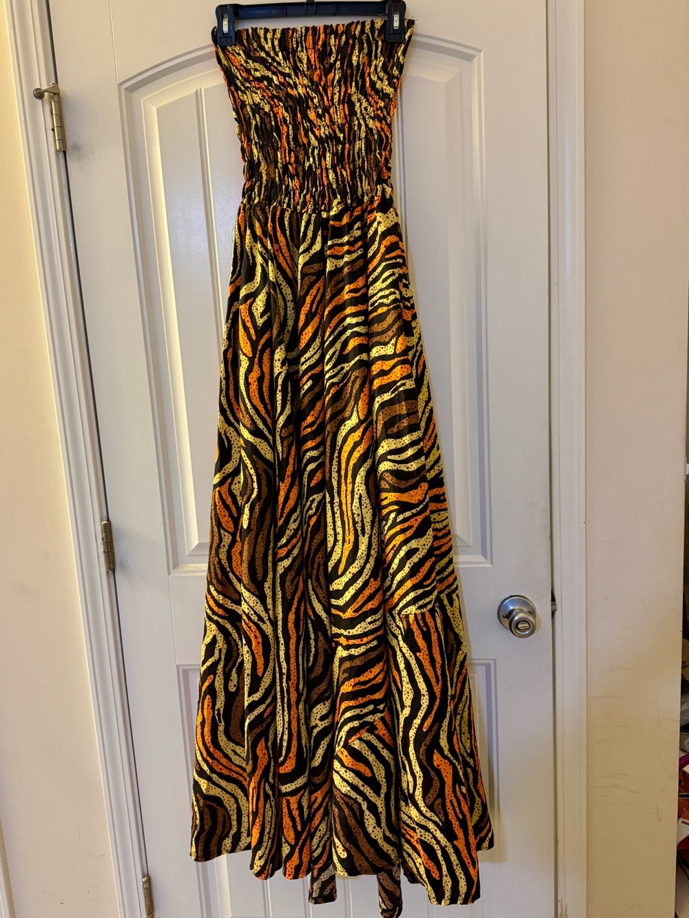 Strapless Maxi Dress in Black, Orange & Yellow Zebra Print One Size Fits Most